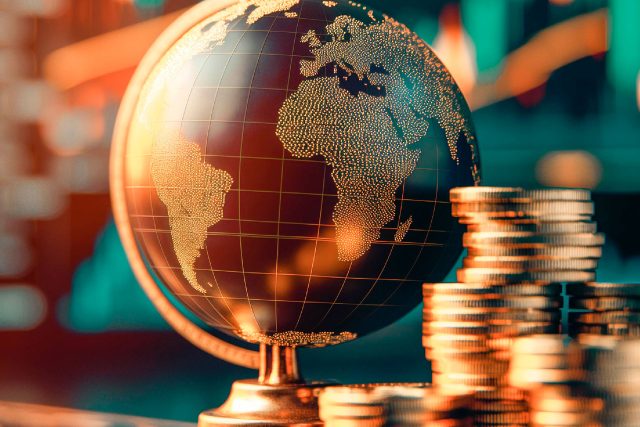 Globo terráqueo con monedas